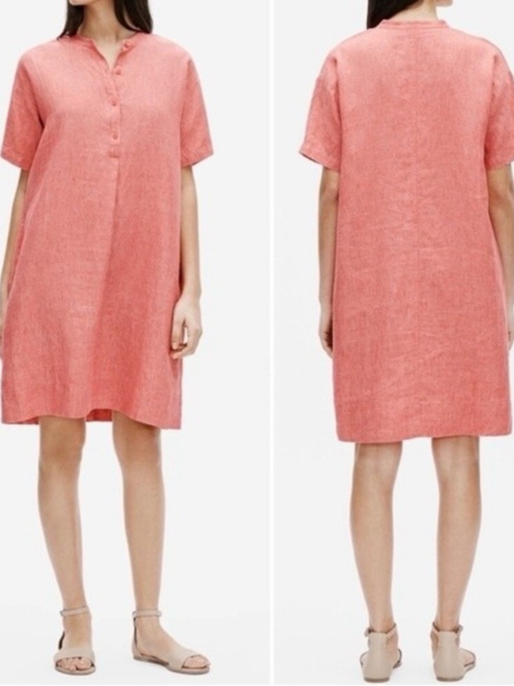 Eileen Fisher Washed Organic Linen Delave Shirt Coral Dress Mandarin Collar Sz M